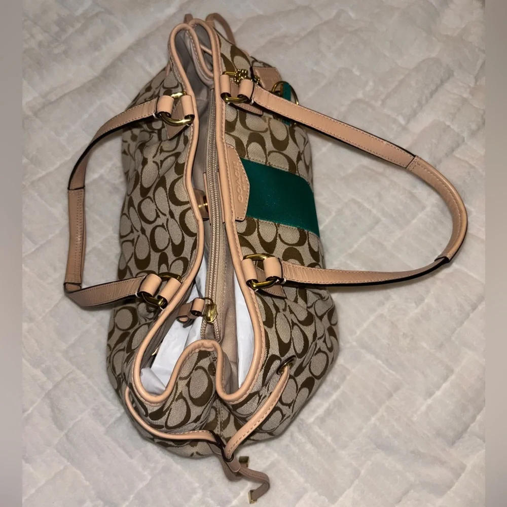 Coach Signature Khaki Tan with Green Stripe Drawstring Carryall (F28501) - Picture 4 of 10